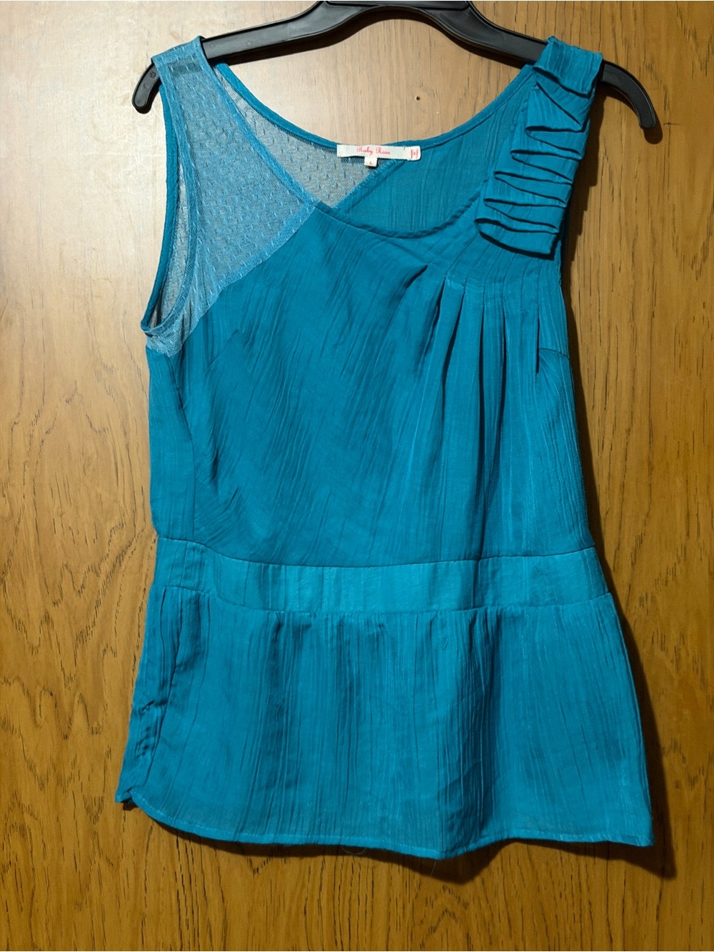 Teal Sleeveless Peplum Tank Top with Pleated Shoulder Detail